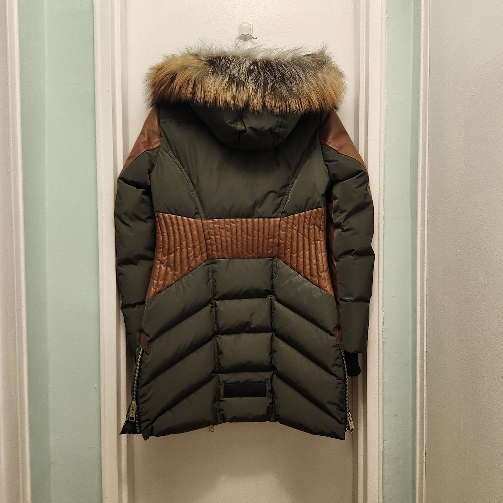 SERIES by Nicole Benisti Size S Leather Accent Down Jacket Fur Trim Hood - Picture 3 of 7